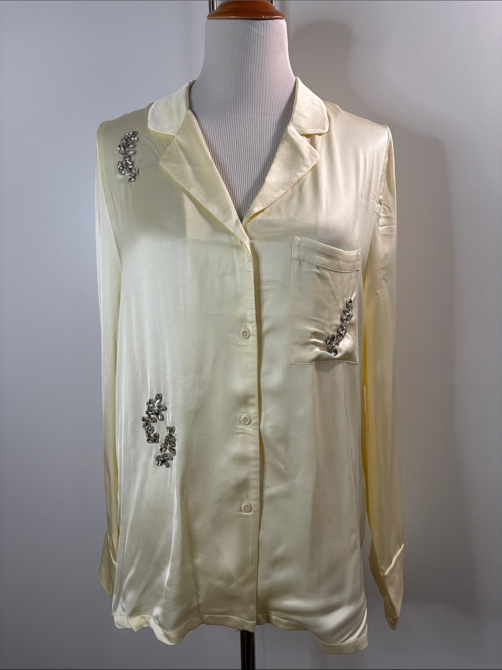 Zara Pale Yellow Satin Blouse with Crystal Embellishments M